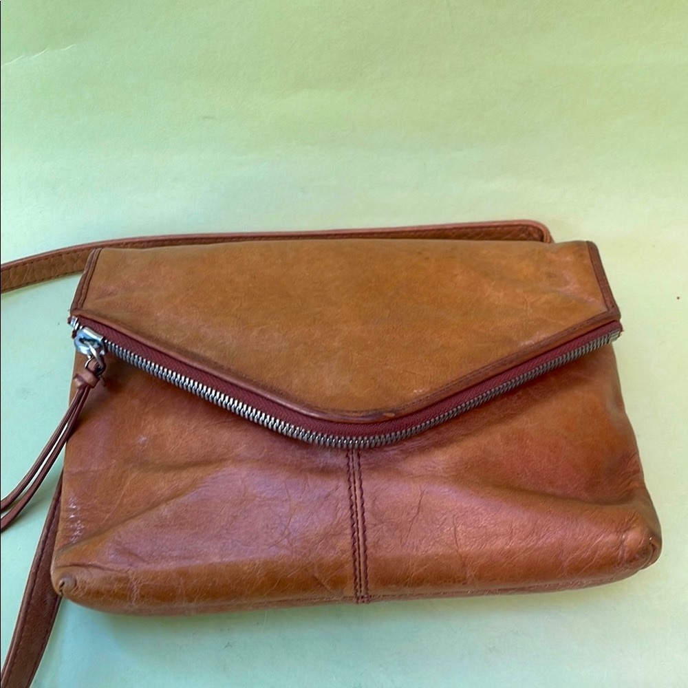 Caramel HOBO Crossbody Leather Bag with Fold-Over Flap and Adjustable Strap - Picture 8 of 13
